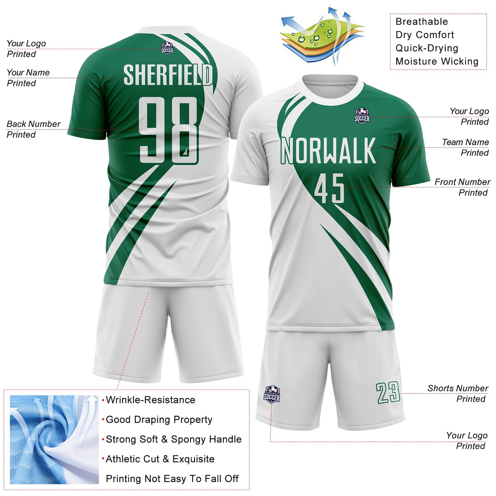 Custom White Kelly Green Diagonal Streamline Color Block Swirl Curve Lines Sublimation Soccer Uniform Jersey view 3