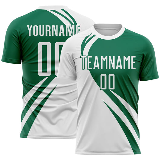 Custom White Kelly Green Diagonal Streamline Color Block Swirl Curve Lines Sublimation Soccer Uniform Jersey - Main View