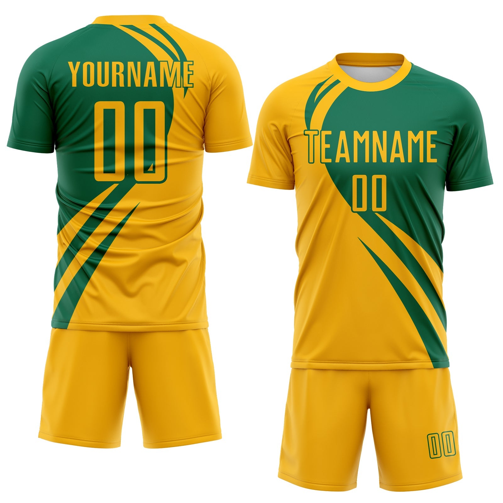 Custom Gold Kelly Green Diagonal Streamline Color Block Swirl Curve Lines Sublimation Soccer Uniform Jersey view 2
