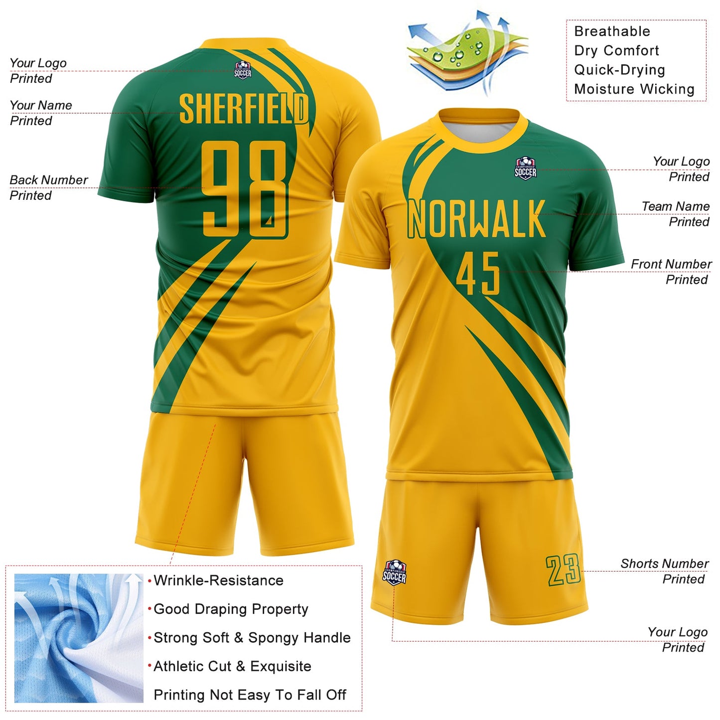 Custom Gold Kelly Green Diagonal Streamline Color Block Swirl Curve Lines Sublimation Soccer Uniform Jersey view 3