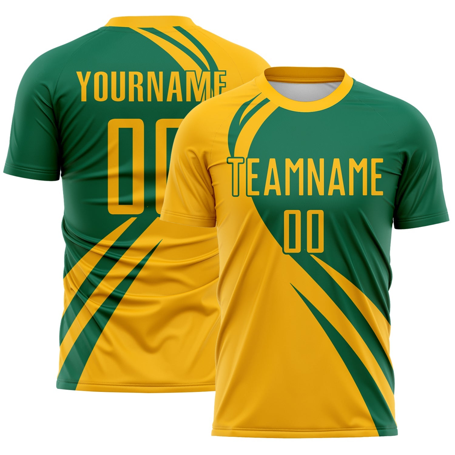 Custom Gold Kelly Green Diagonal Streamline Color Block Swirl Curve Lines Sublimation Soccer Uniform Jersey - Main View