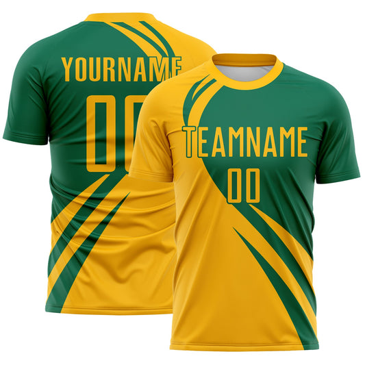 Custom Gold Kelly Green Diagonal Streamline Color Block Swirl Curve Lines Sublimation Soccer Uniform Jersey - Main View