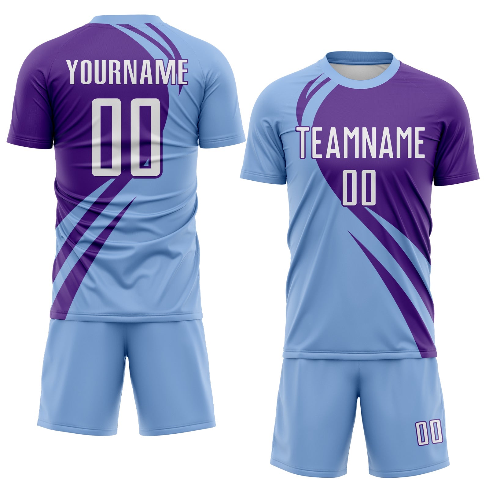 Custom Light Blue White-Purple Diagonal Streamline Color Block Swirl Curve Lines Sublimation Soccer Uniform Jersey view 2