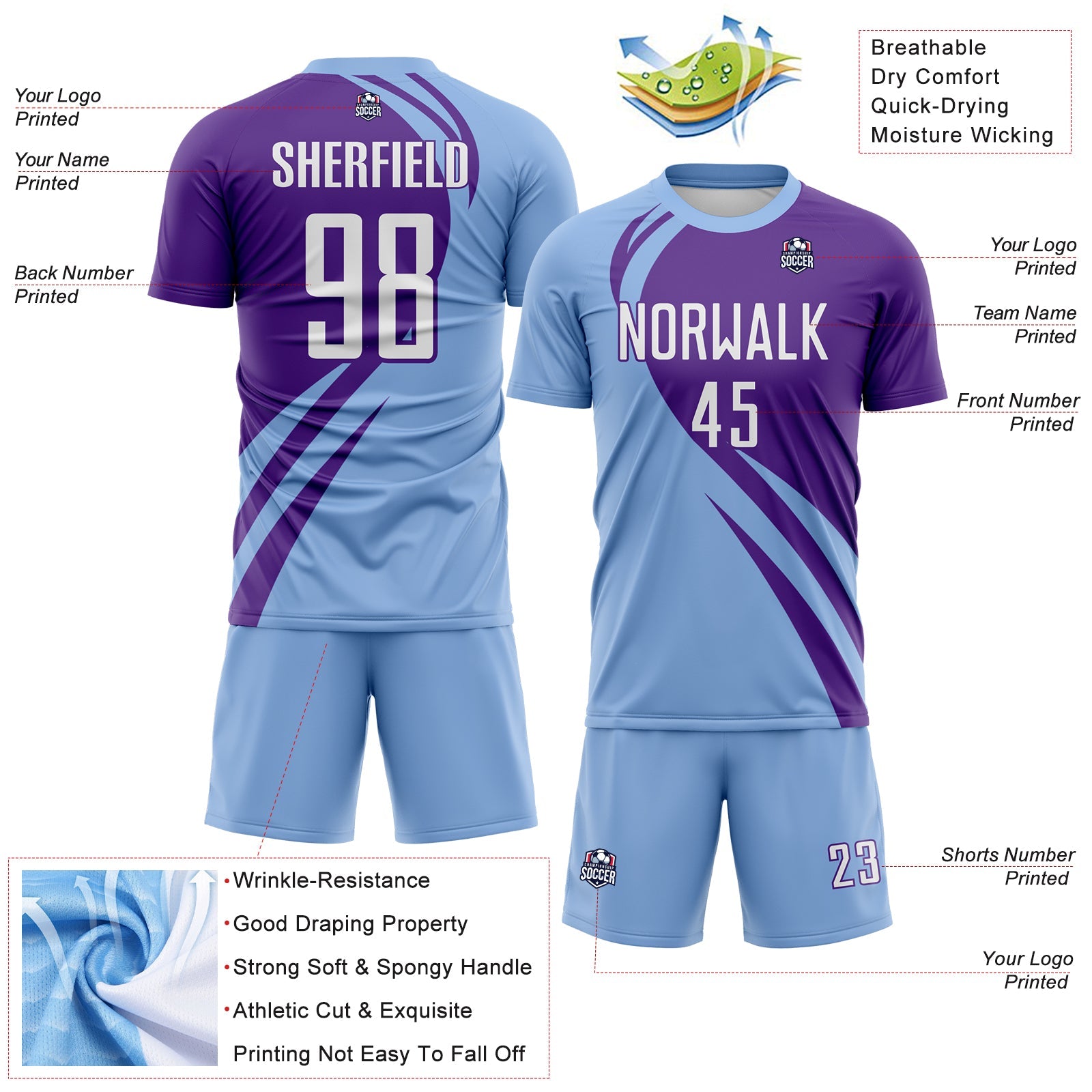 Custom Light Blue White-Purple Diagonal Streamline Color Block Swirl Curve Lines Sublimation Soccer Uniform Jersey view 3