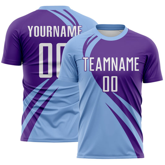 Custom Light Blue White-Purple Diagonal Streamline Color Block Swirl Curve Lines Sublimation Soccer Uniform Jersey - Main View