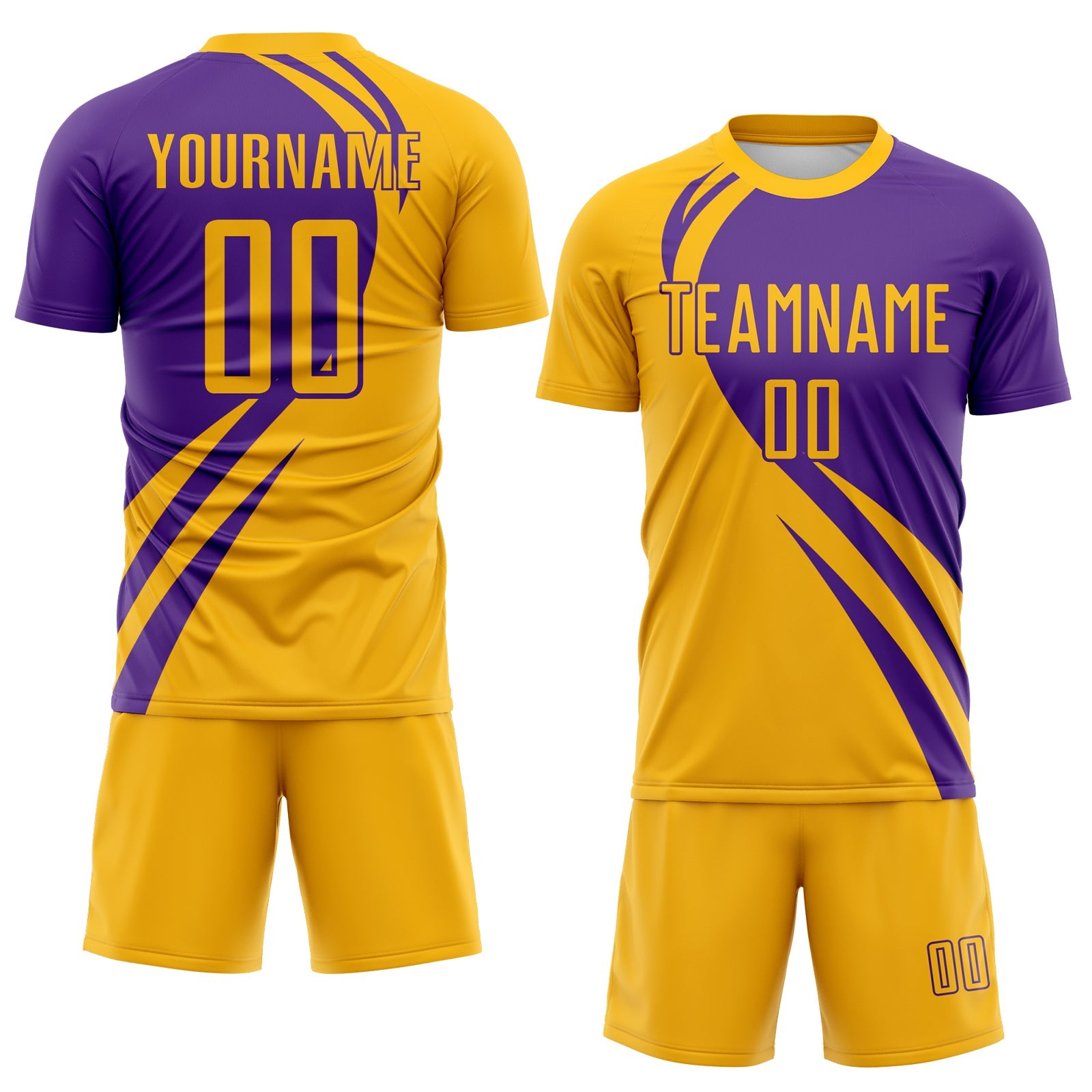 Custom Gold Purple Diagonal Streamline Color Block Swirl Curve Lines Sublimation Soccer Uniform Jersey view 2