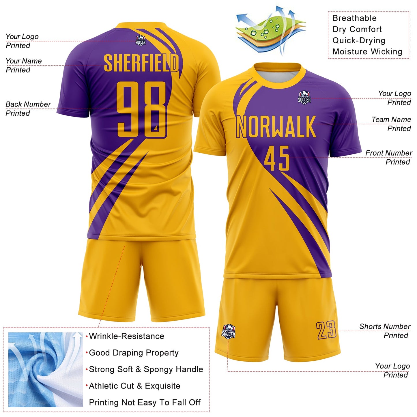 Custom Gold Purple Diagonal Streamline Color Block Swirl Curve Lines Sublimation Soccer Uniform Jersey view 3