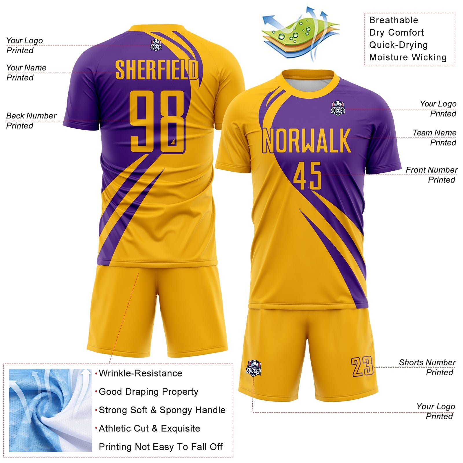Custom Gold Purple Diagonal Streamline Color Block Swirl Curve Lines Sublimation Soccer Uniform Jersey view 3