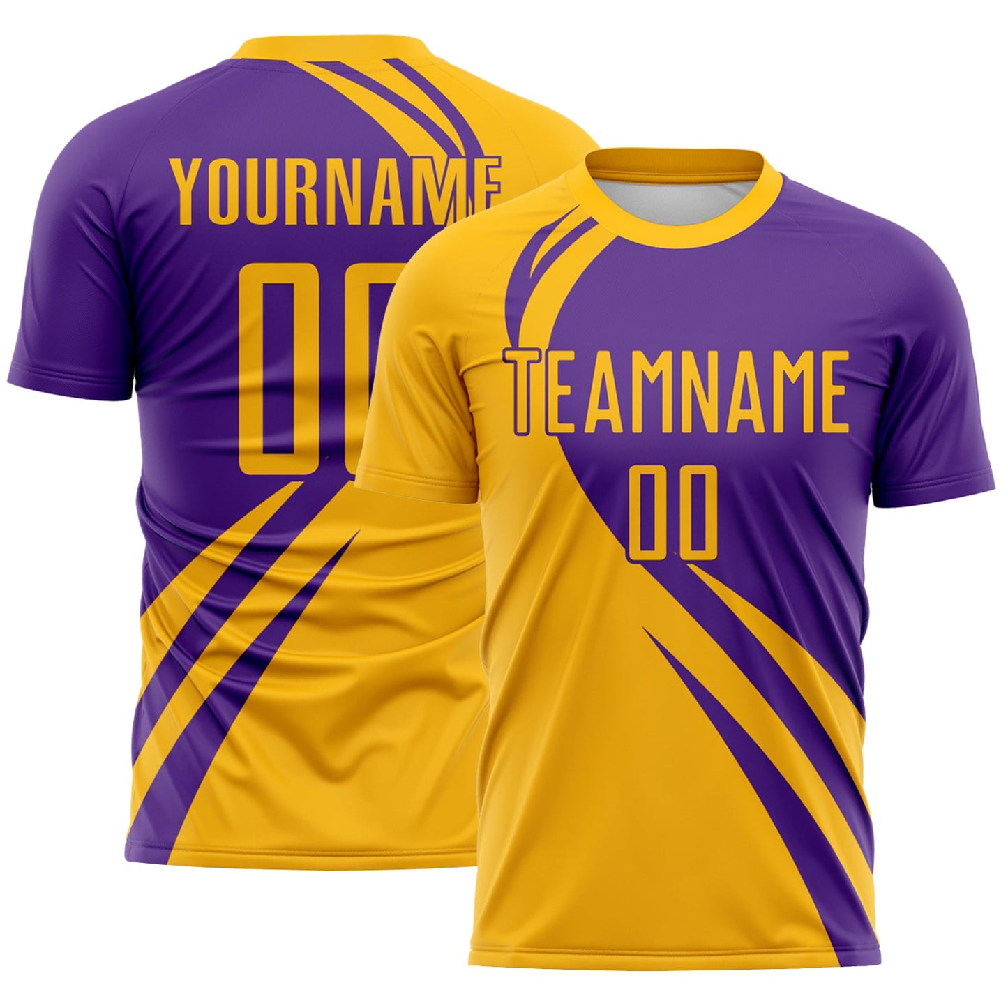 Custom Gold Purple Diagonal Streamline Color Block Swirl Curve Lines Sublimation Soccer Uniform Jersey - Main View
