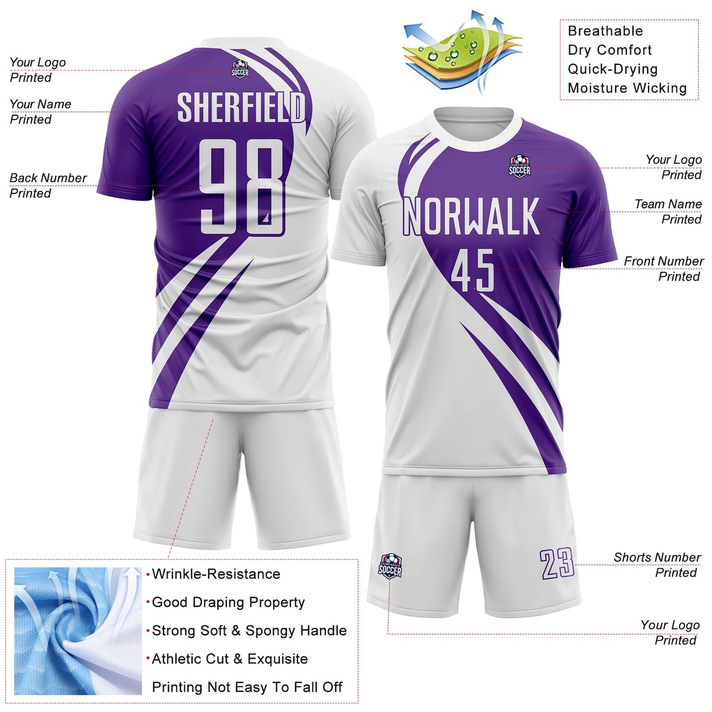 Custom White Purple Diagonal Streamline Color Block Swirl Curve Lines Sublimation Soccer Uniform Jersey view 3