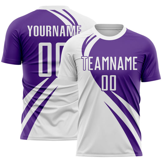 Custom White Purple Diagonal Streamline Color Block Swirl Curve Lines Sublimation Soccer Uniform Jersey - Main View