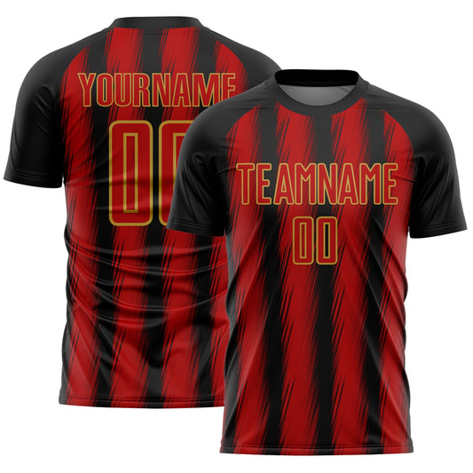 Custom Black Red-Old Gold Vertical Brush Stroke Stripes Sublimation Soccer Uniform Jersey - Main View