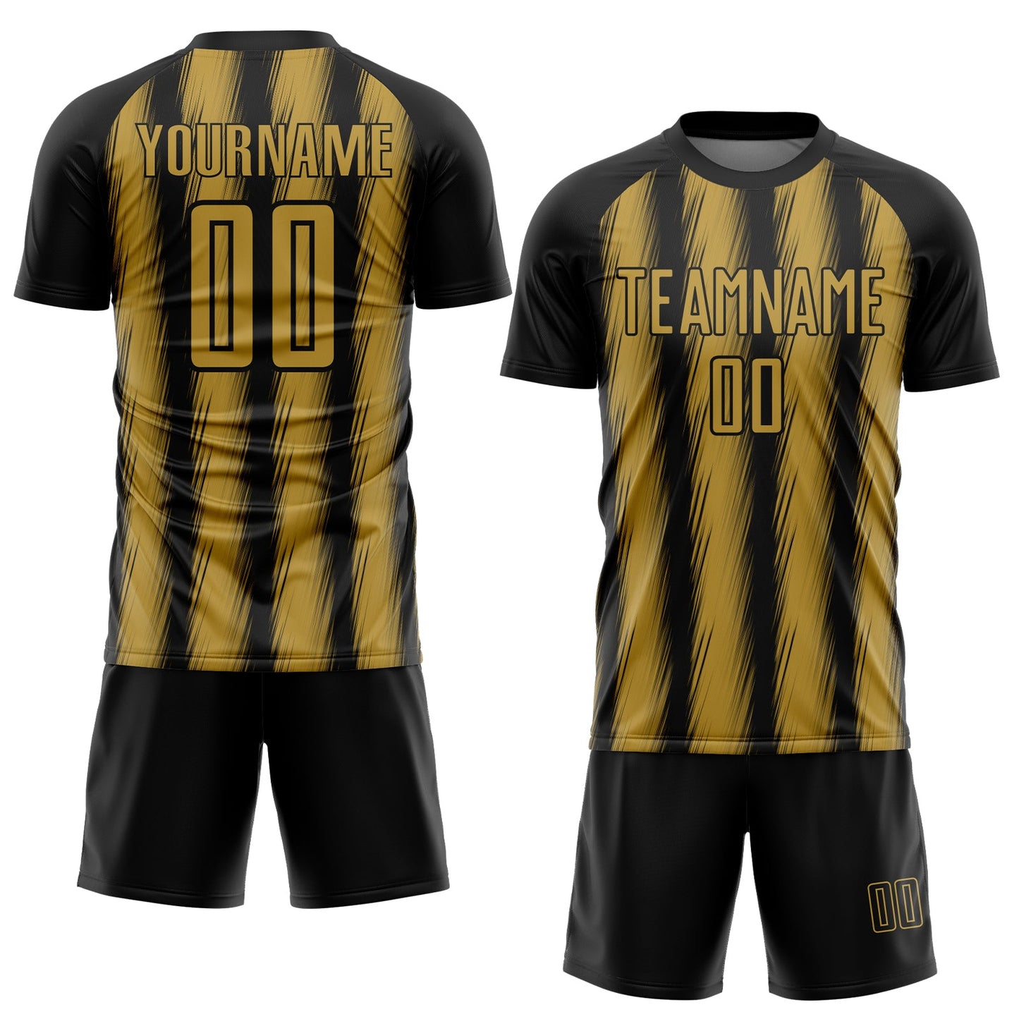 Custom Black Old Gold Vertical Brush Stroke Stripes Sublimation Soccer Uniform Jersey view 2