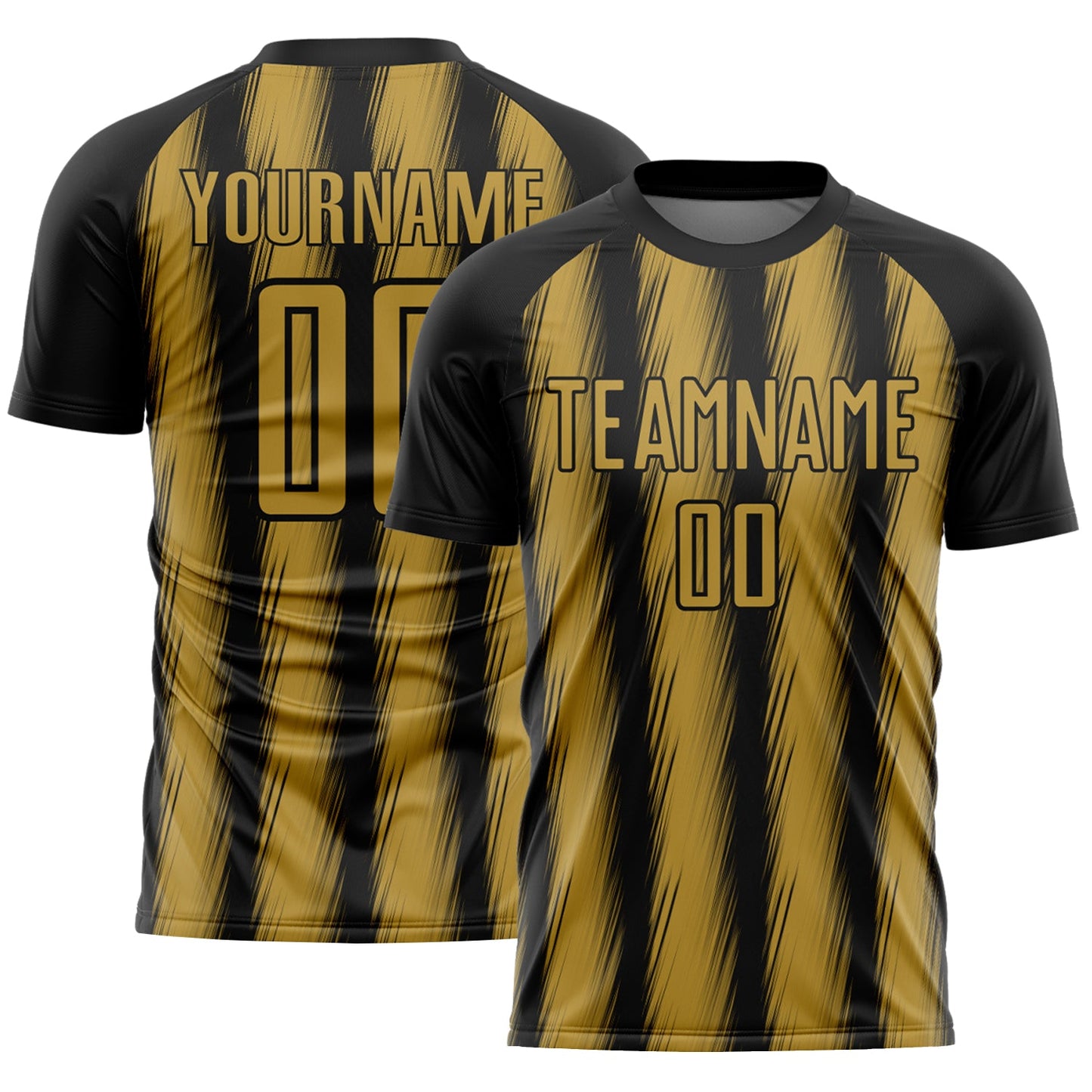 Custom Black Old Gold Vertical Brush Stroke Stripes Sublimation Soccer Uniform Jersey - Main View
