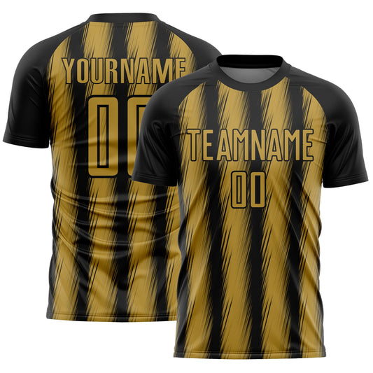 Custom Black Old Gold Vertical Brush Stroke Stripes Sublimation Soccer Uniform Jersey - Main View