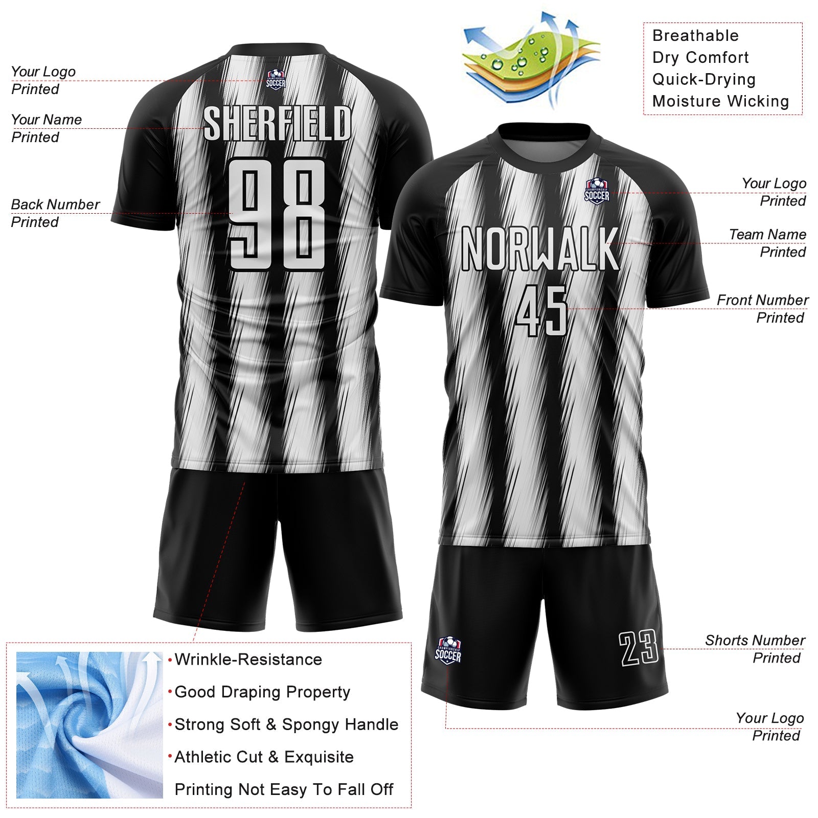 Custom Black White Vertical Brush Stroke Stripes Sublimation Soccer Uniform Jersey view 4