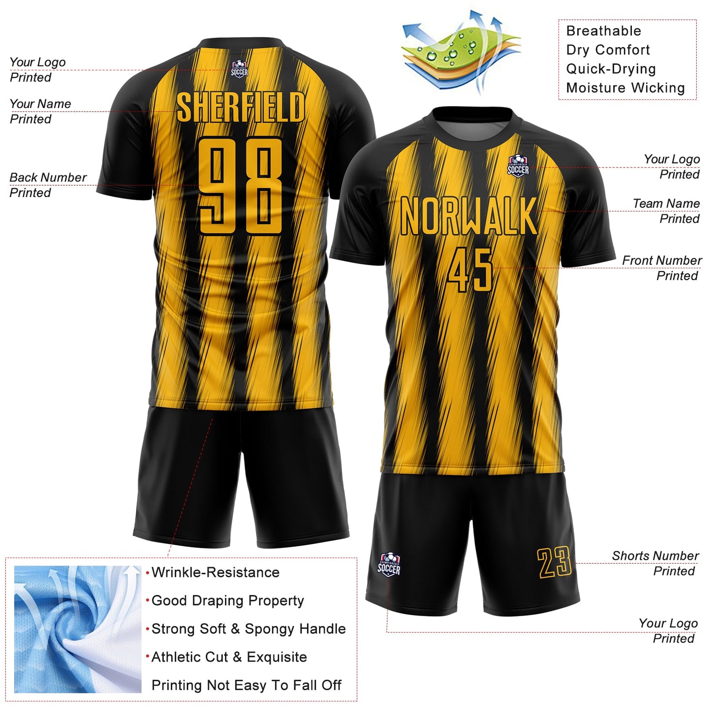 Custom Black Gold Vertical Brush Stroke Stripes Sublimation Soccer Uniform Jersey view 4
