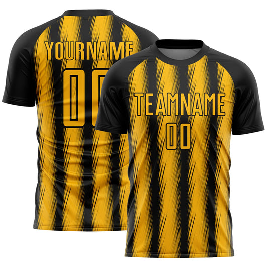 Custom Black Gold Vertical Brush Stroke Stripes Sublimation Soccer Uniform Jersey - Main View