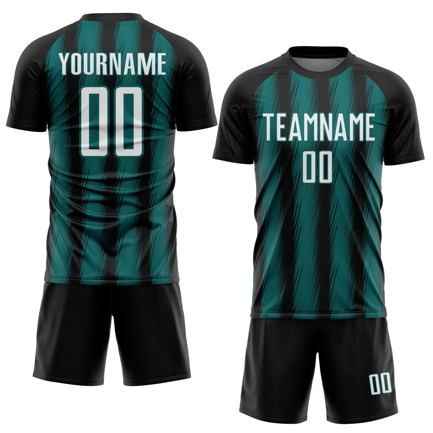 Custom Black White-Teal Vertical Brush Stroke Stripes Sublimation Soccer Uniform Jersey view 2