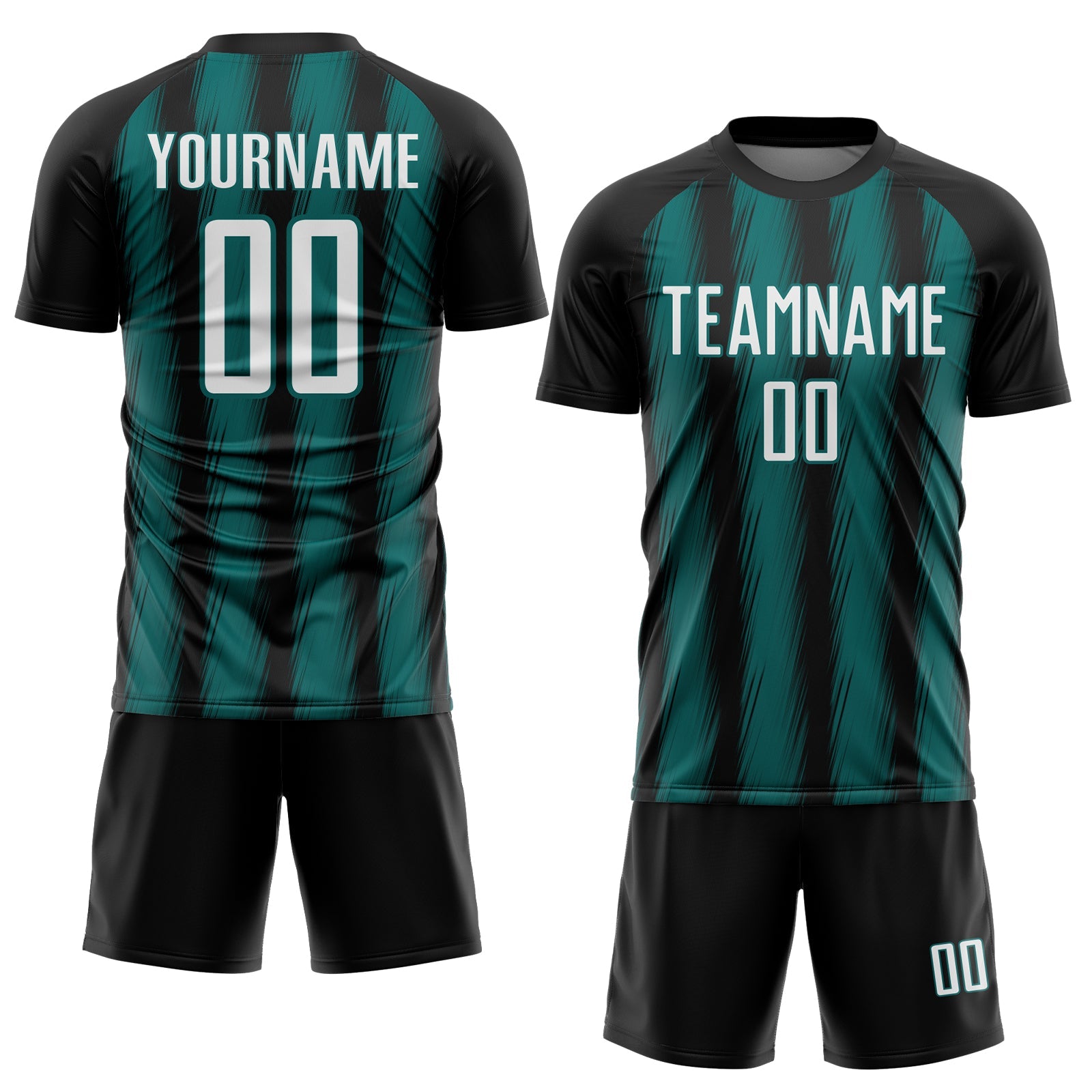 Custom Black White-Teal Vertical Brush Stroke Stripes Sublimation Soccer Uniform Jersey view 2