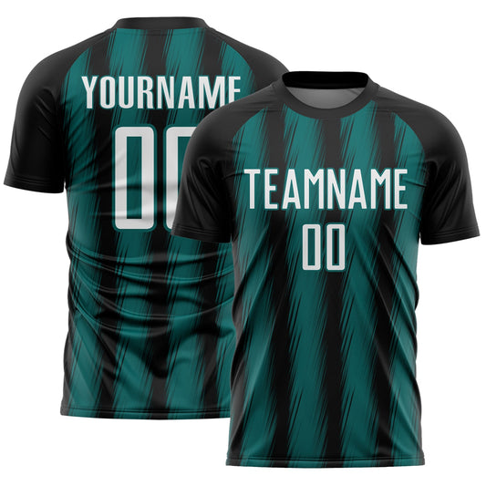 Custom Black White-Teal Vertical Brush Stroke Stripes Sublimation Soccer Uniform Jersey - Main View
