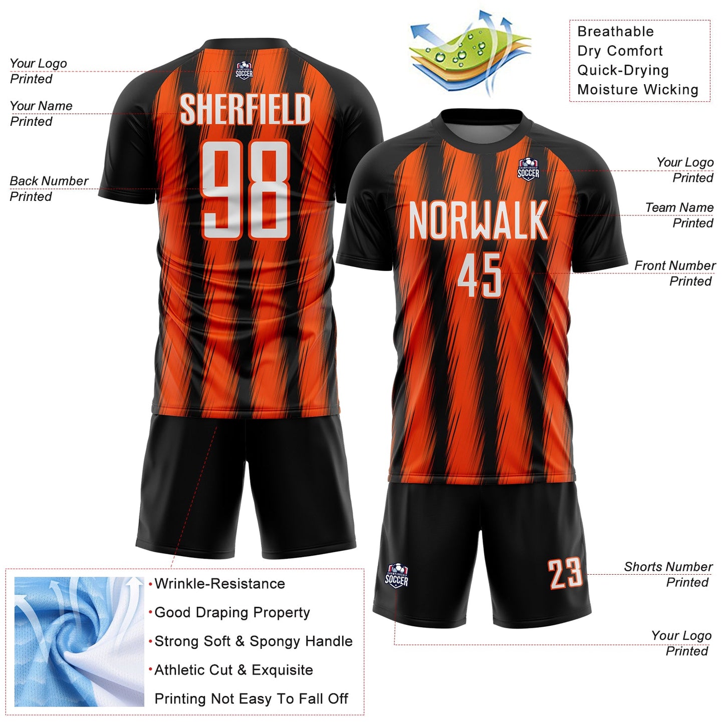 Custom Black White-Orange Vertical Brush Stroke Stripes Sublimation Soccer Uniform Jersey view 4