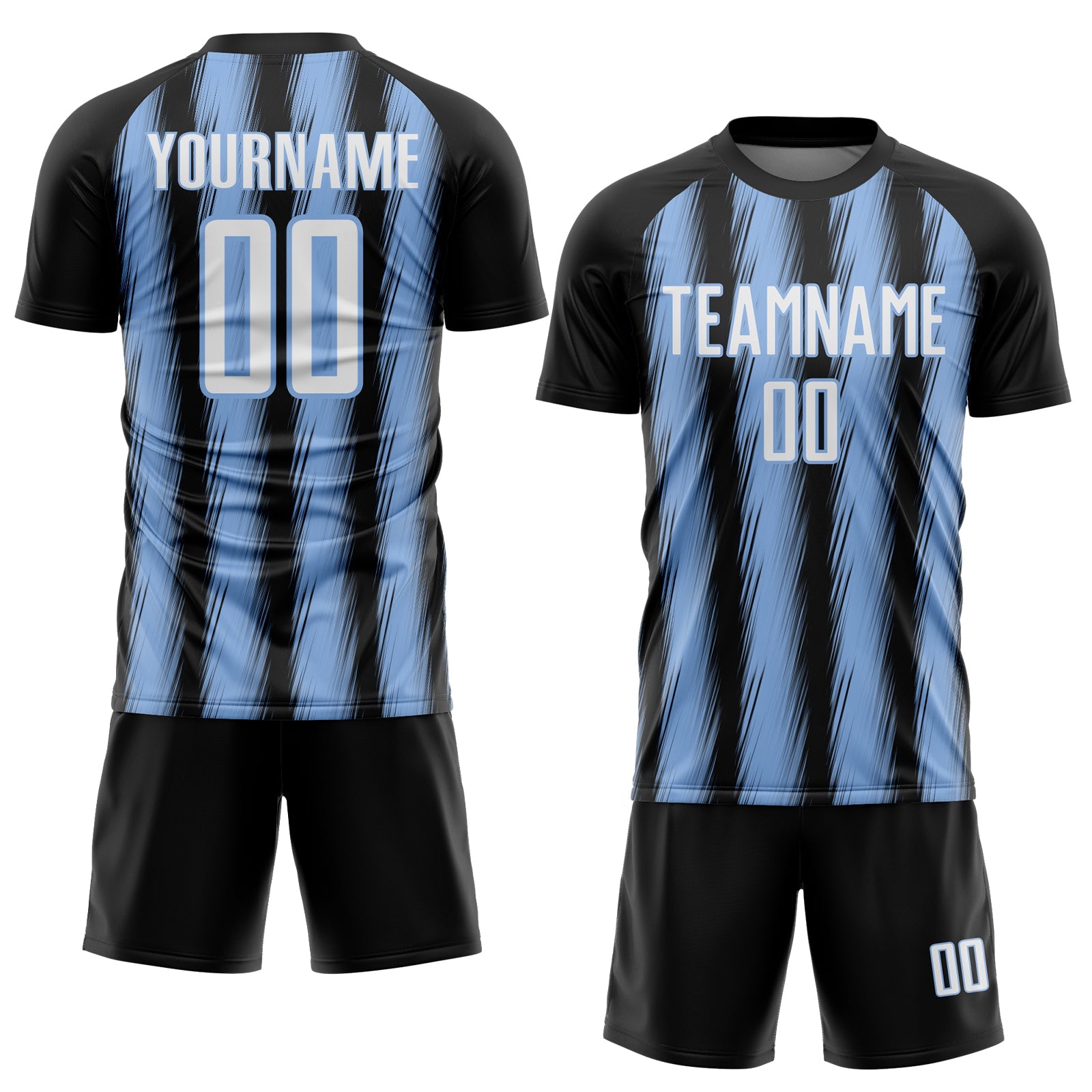 Custom Black White-Light Blue Vertical Brush Stroke Stripes Sublimation Soccer Uniform Jersey view 2