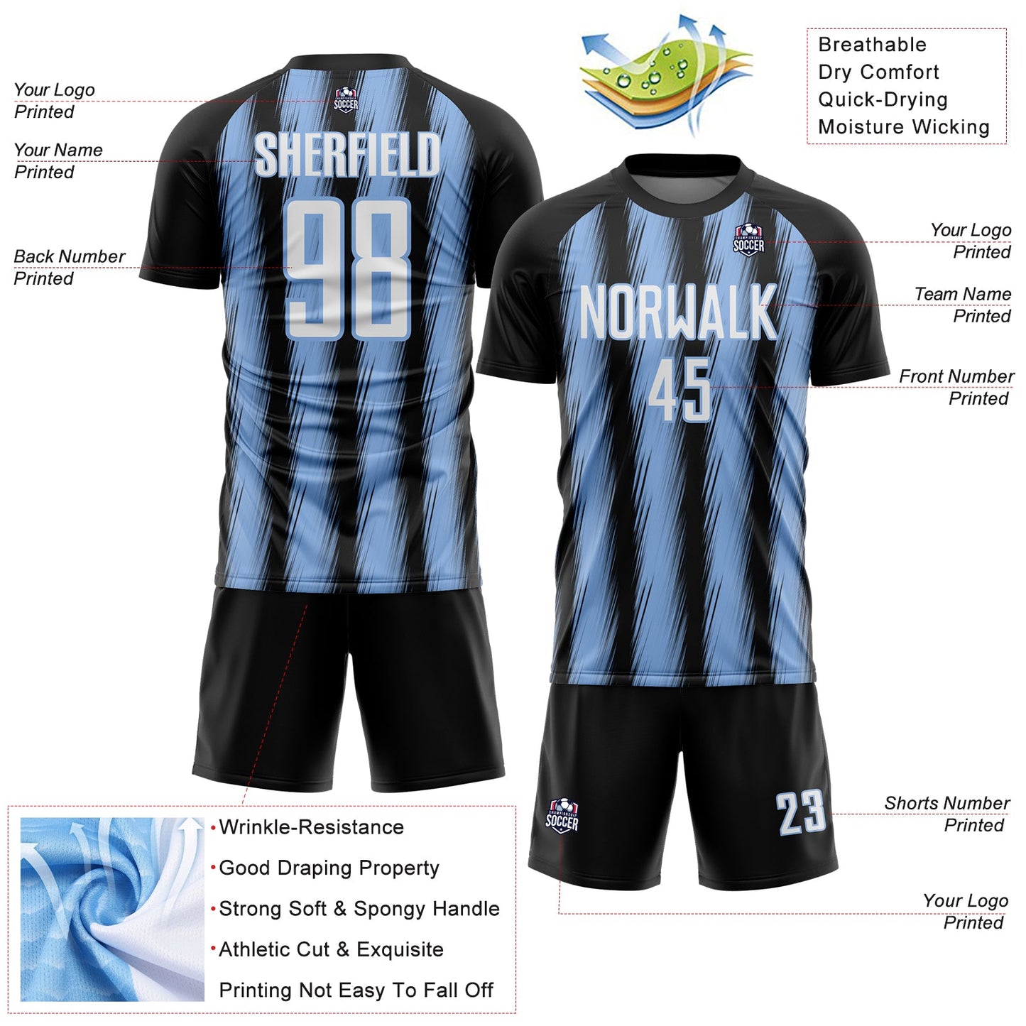 Custom Black White-Light Blue Vertical Brush Stroke Stripes Sublimation Soccer Uniform Jersey view 4