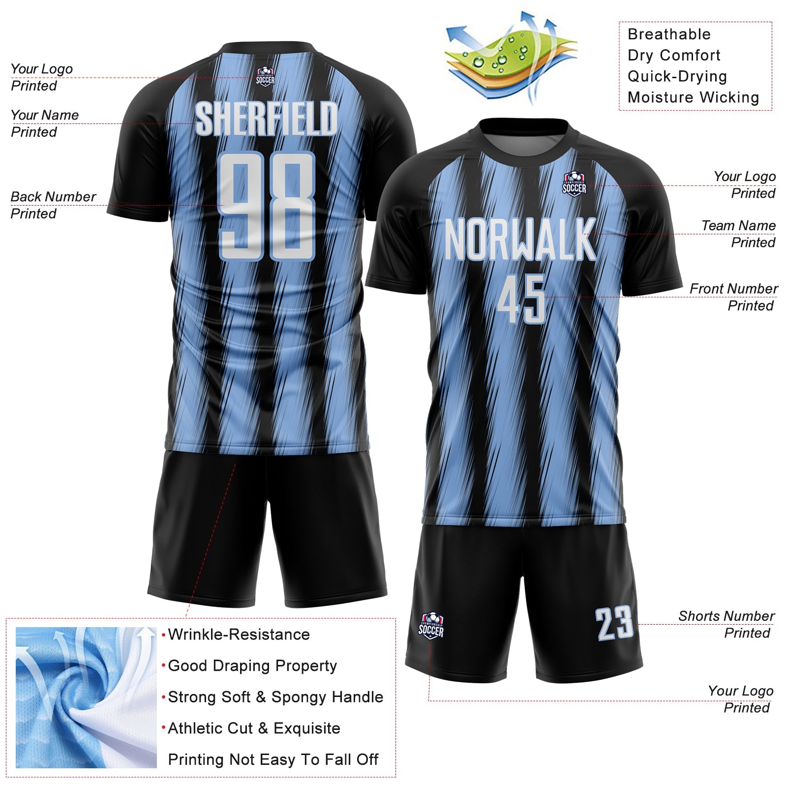 Custom Black White-Light Blue Vertical Brush Stroke Stripes Sublimation Soccer Uniform Jersey view 4