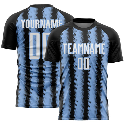 Custom Black White-Light Blue Vertical Brush Stroke Stripes Sublimation Soccer Uniform Jersey - Main View