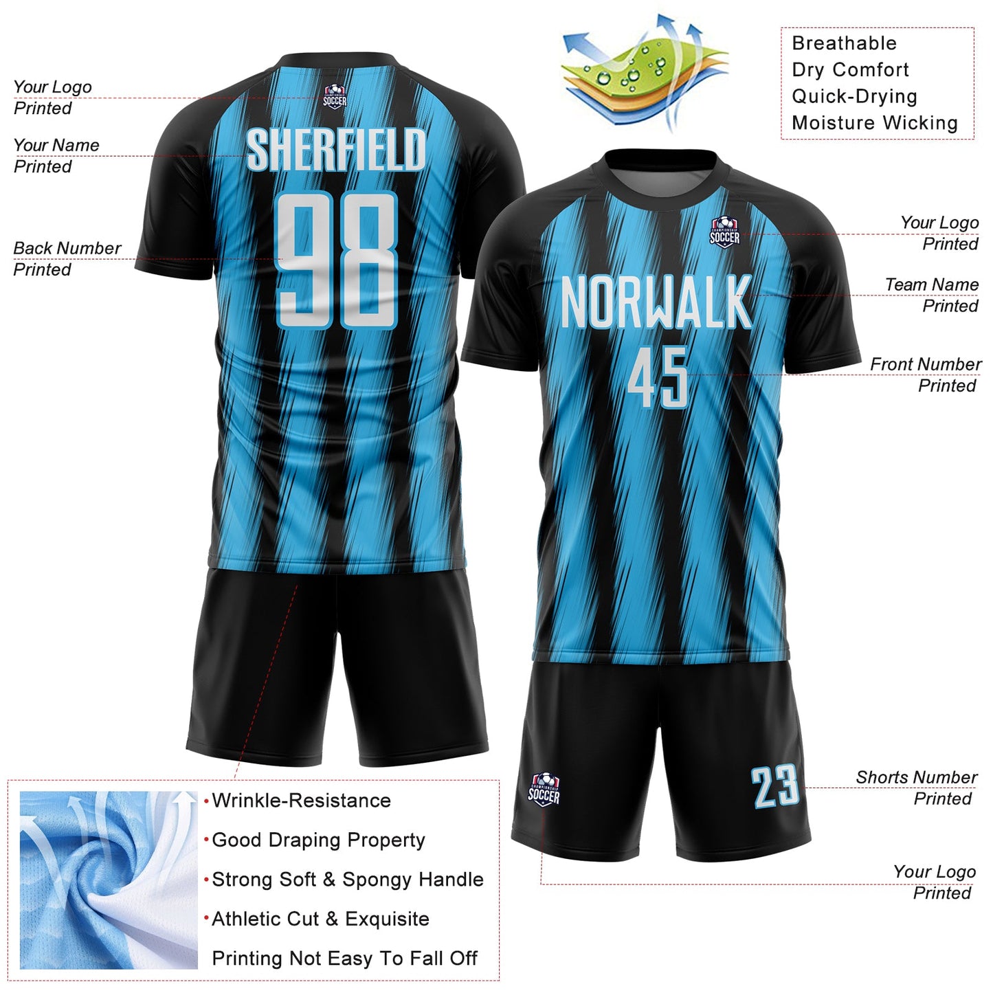 Custom Black White-Sky Blue Vertical Brush Stroke Stripes Sublimation Soccer Uniform Jersey view 4