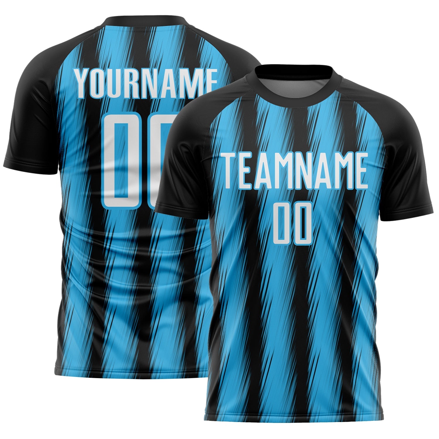 Custom Black White-Sky Blue Vertical Brush Stroke Stripes Sublimation Soccer Uniform Jersey - Main View