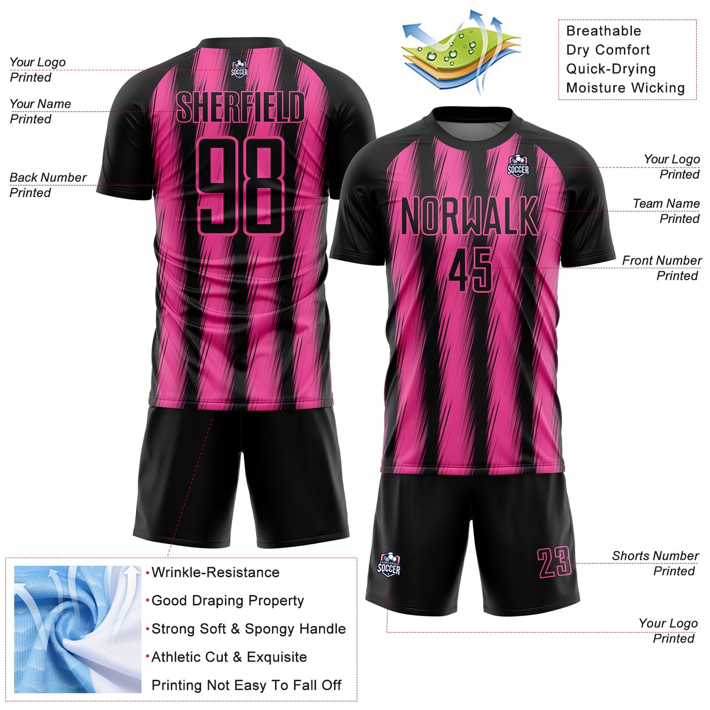 Custom Black Pink Vertical Brush Stroke Stripes Sublimation Soccer Uniform Jersey view 4