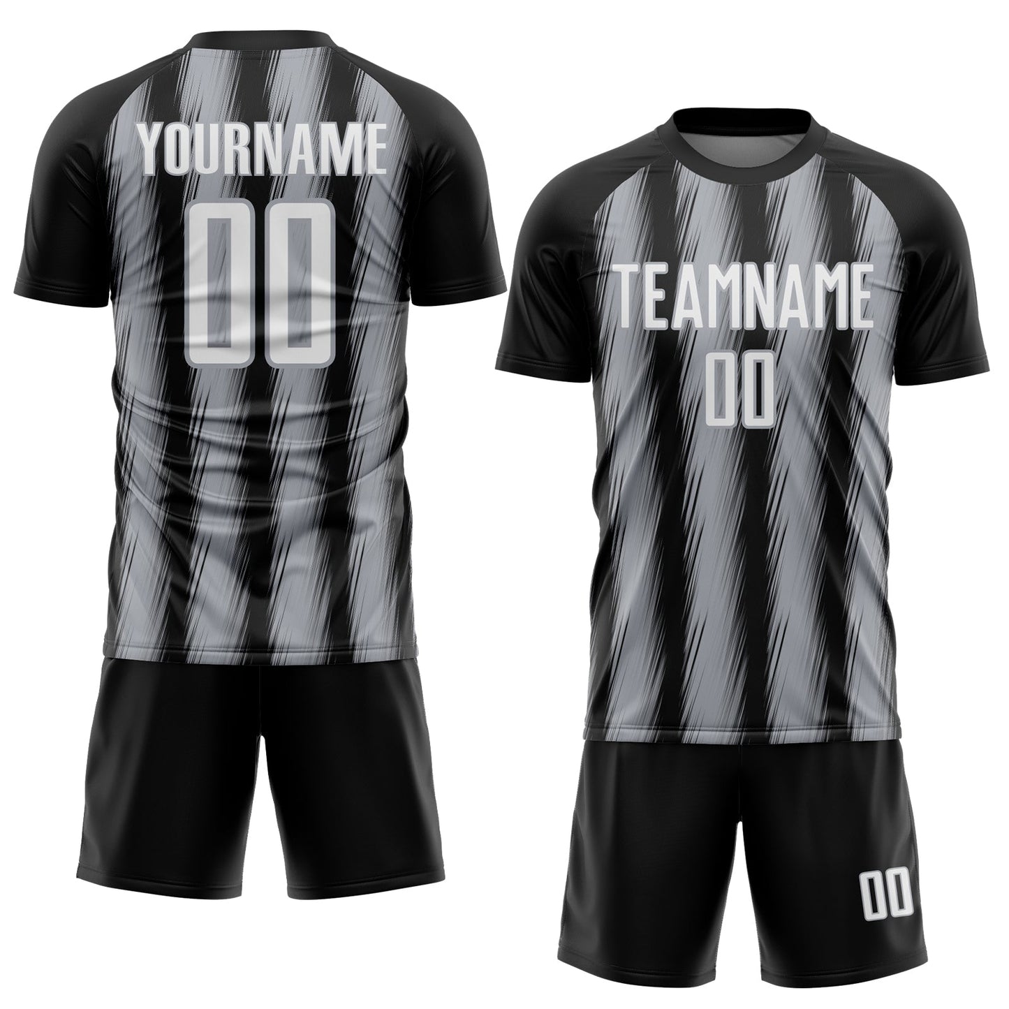 Custom Black White-Gray Vertical Brush Stroke Stripes Sublimation Soccer Uniform Jersey view 2