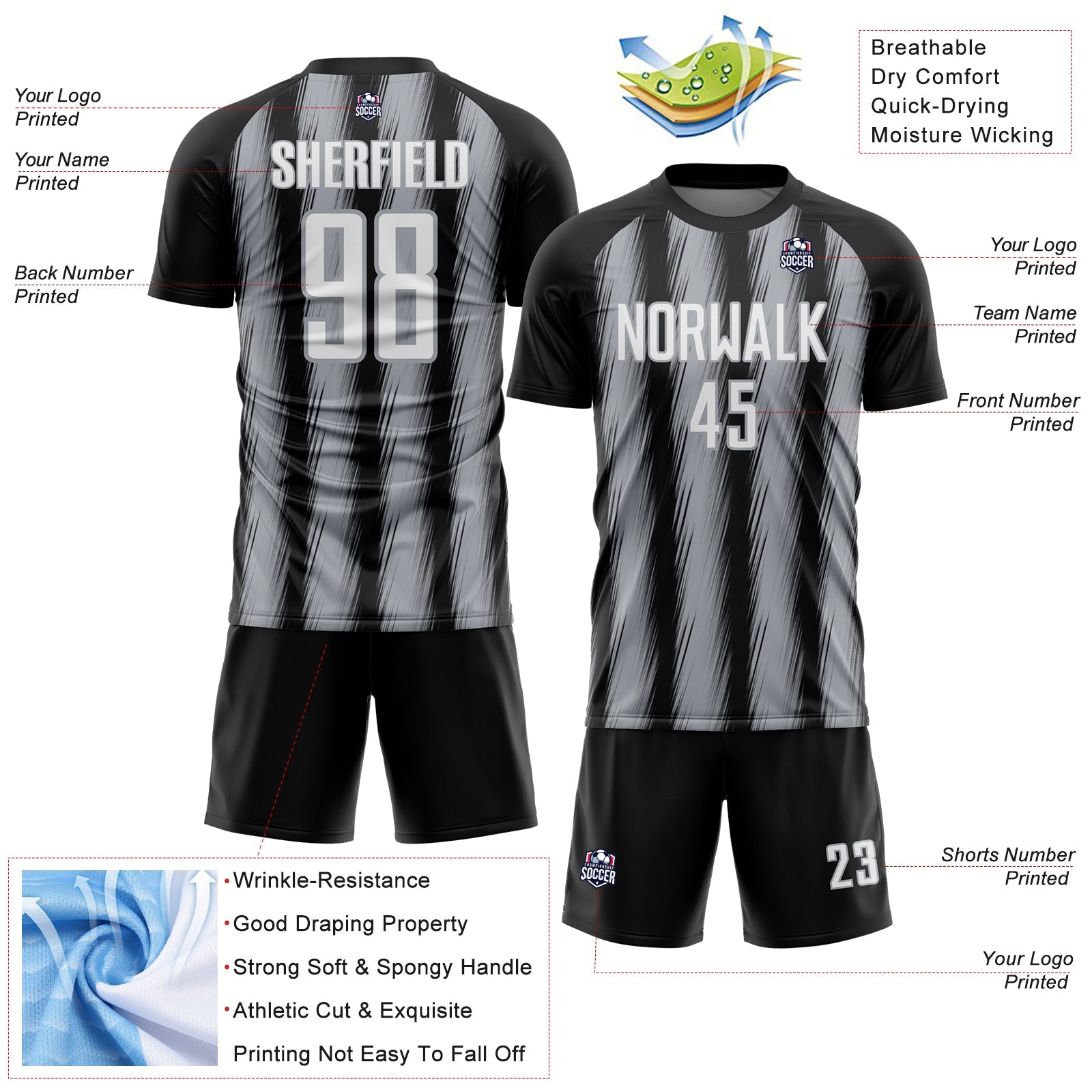 Custom Black White-Gray Vertical Brush Stroke Stripes Sublimation Soccer Uniform Jersey view 4