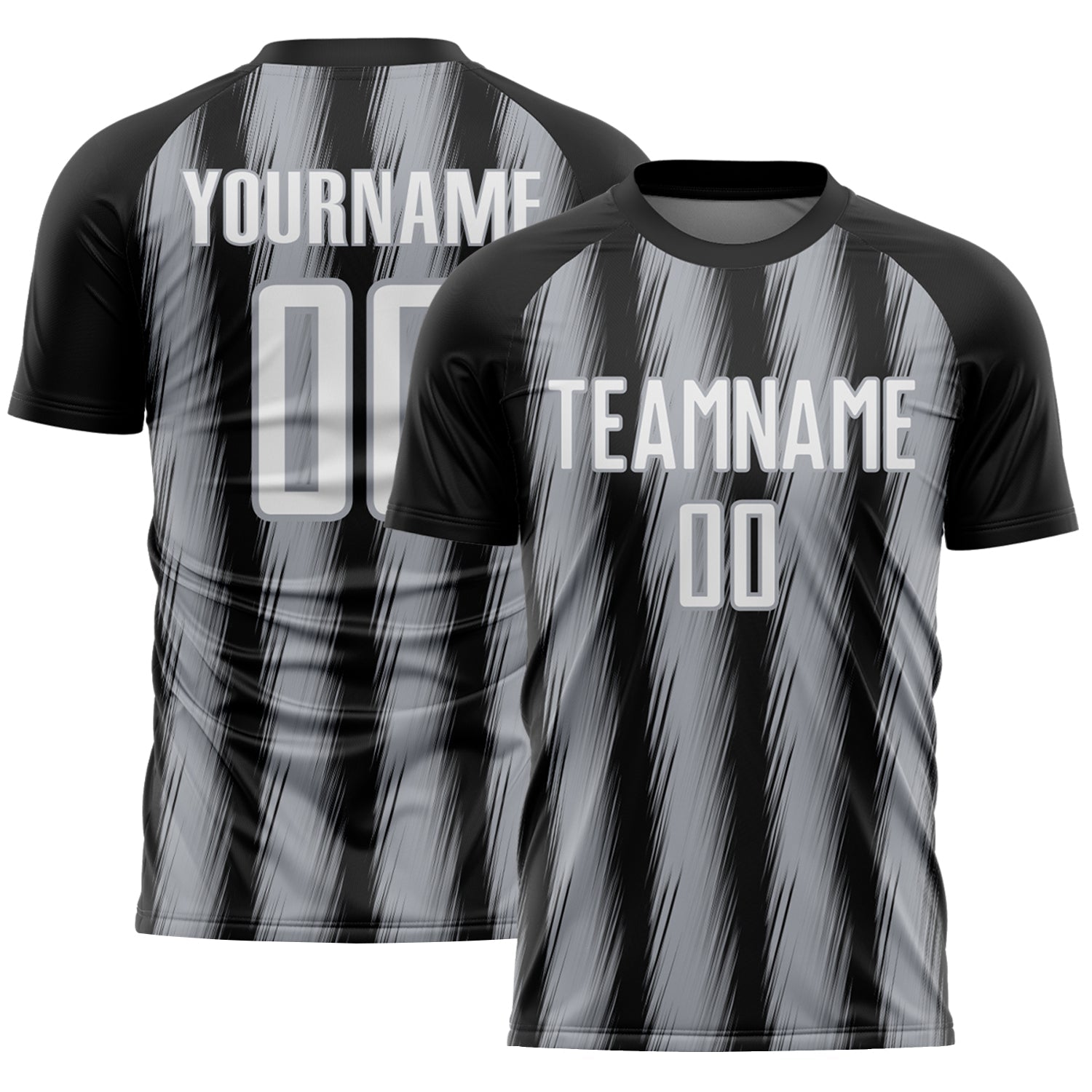 Custom Black White-Gray Vertical Brush Stroke Stripes Sublimation Soccer Uniform Jersey - Main View