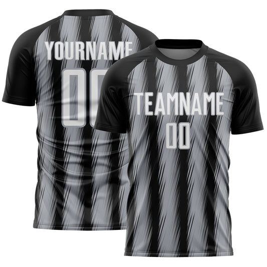 Custom Black White-Gray Vertical Brush Stroke Stripes Sublimation Soccer Uniform Jersey - Main View