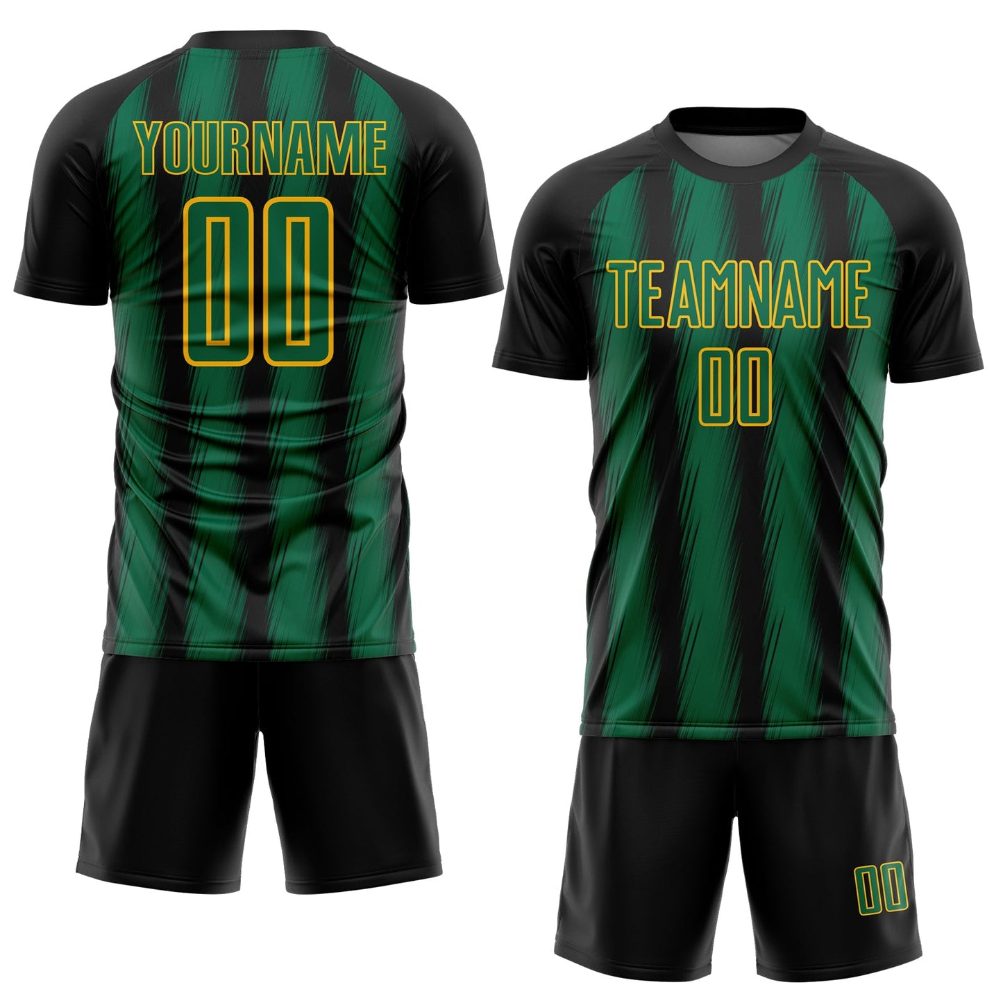 Custom Black Kelly Green-Gold Vertical Brush Stroke Stripes Sublimation Soccer Uniform Jersey view 2