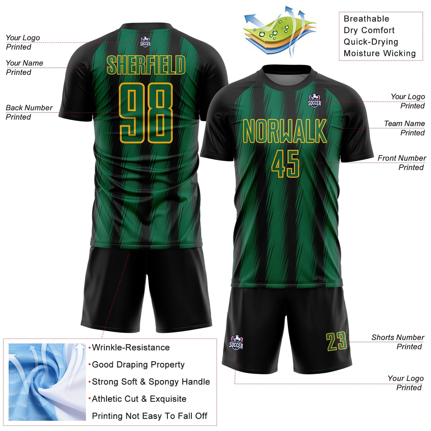 Custom Black Kelly Green-Gold Vertical Brush Stroke Stripes Sublimation Soccer Uniform Jersey view 4