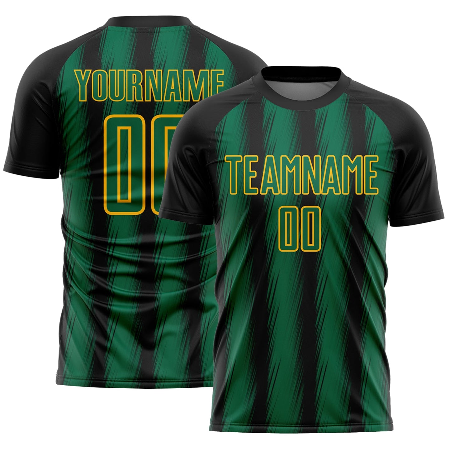 Custom Black Kelly Green-Gold Vertical Brush Stroke Stripes Sublimation Soccer Uniform Jersey - Main View
