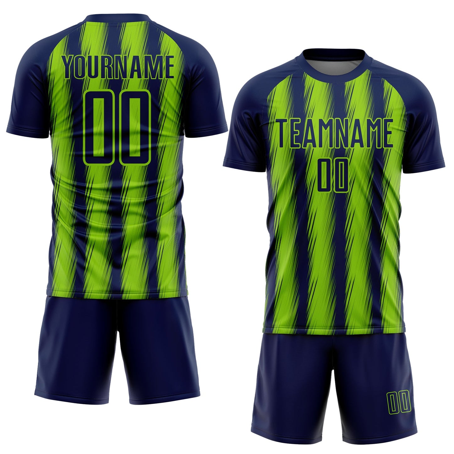 Custom Navy Neon Green Vertical Brush Stroke Stripes Sublimation Soccer Uniform Jersey view 2
