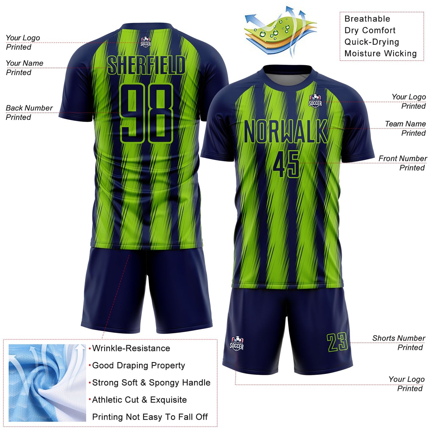 Custom Navy Neon Green Vertical Brush Stroke Stripes Sublimation Soccer Uniform Jersey view 4