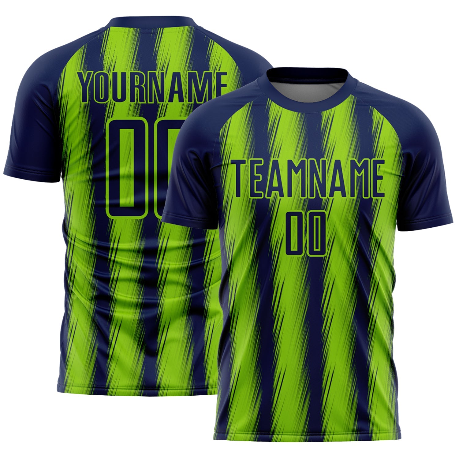 Custom Navy Neon Green Vertical Brush Stroke Stripes Sublimation Soccer Uniform Jersey - Main View
