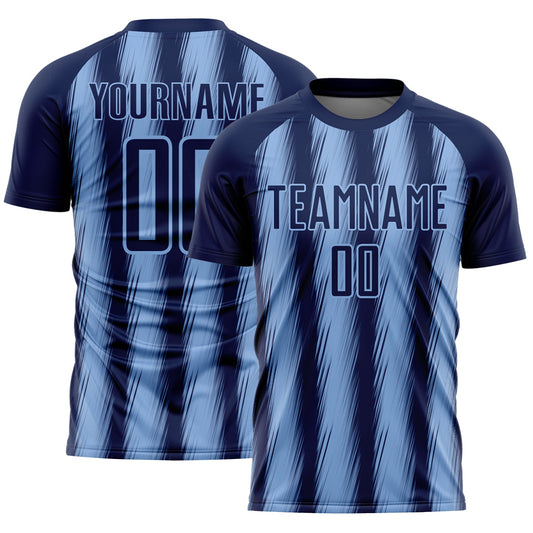 Custom Navy Light Blue Vertical Brush Stroke Stripes Sublimation Soccer Uniform Jersey - Main View