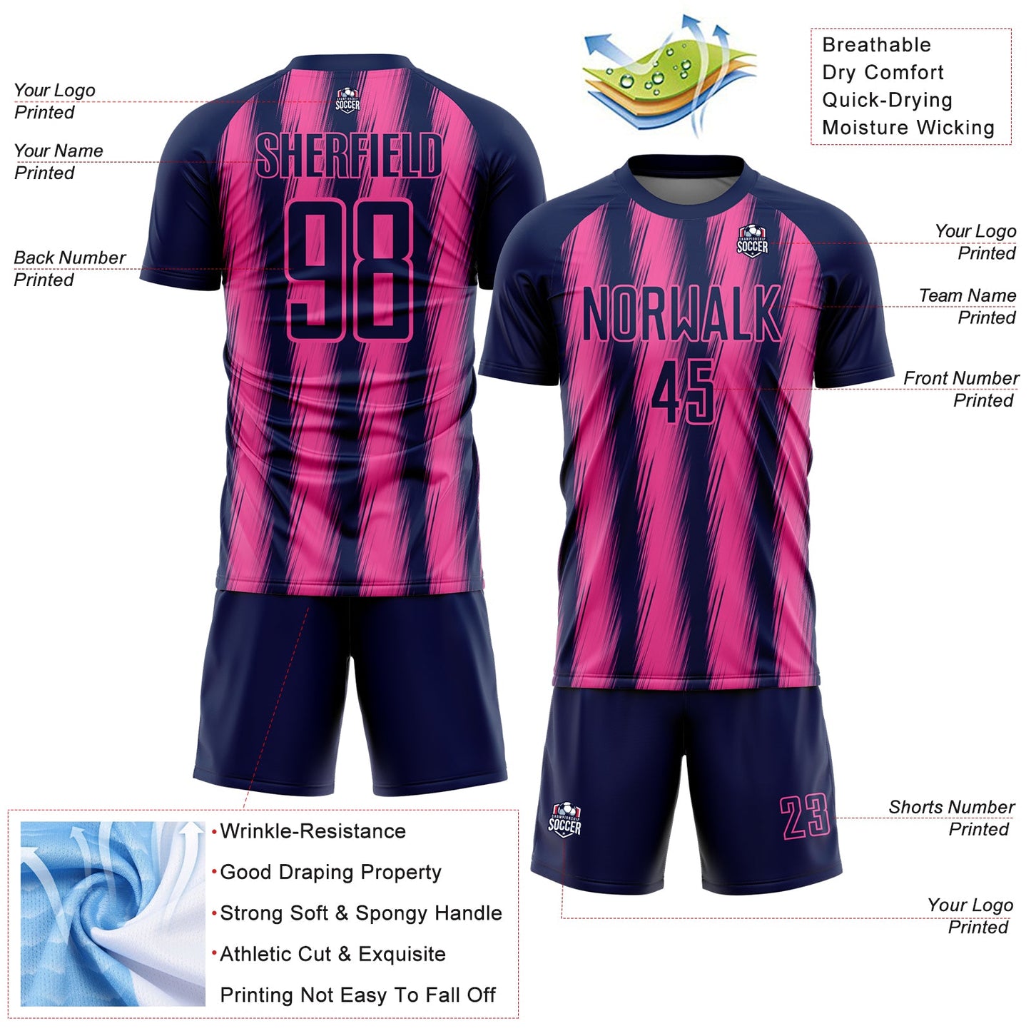 Custom Navy Pink Vertical Brush Stroke Stripes Sublimation Soccer Uniform Jersey view 4
