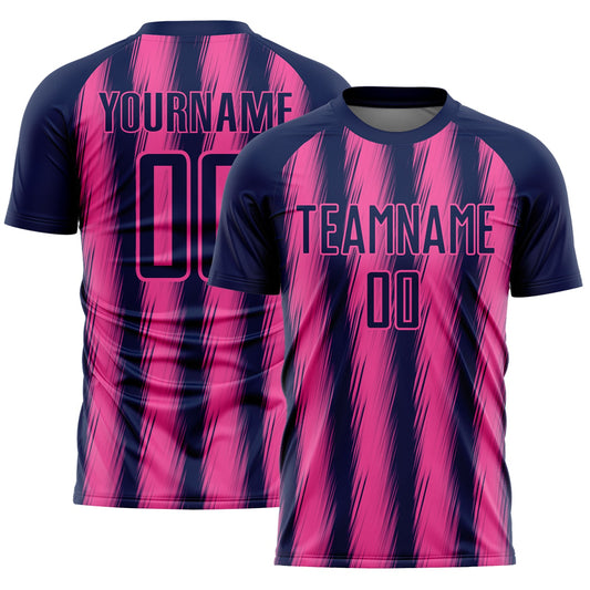 Custom Navy Pink Vertical Brush Stroke Stripes Sublimation Soccer Uniform Jersey - Main View