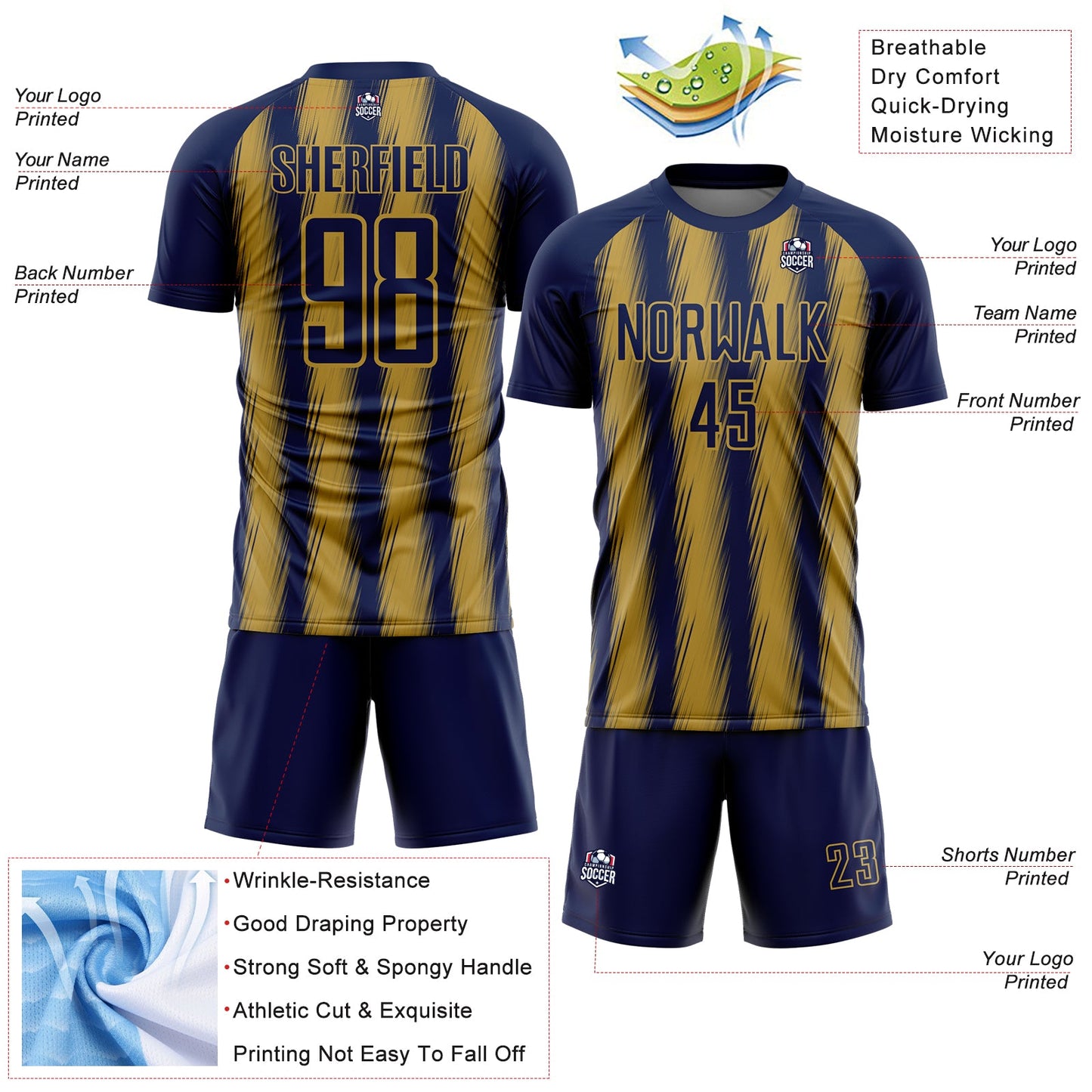 Custom Navy Old Gold Vertical Brush Stroke Stripes Sublimation Soccer Uniform Jersey view 4