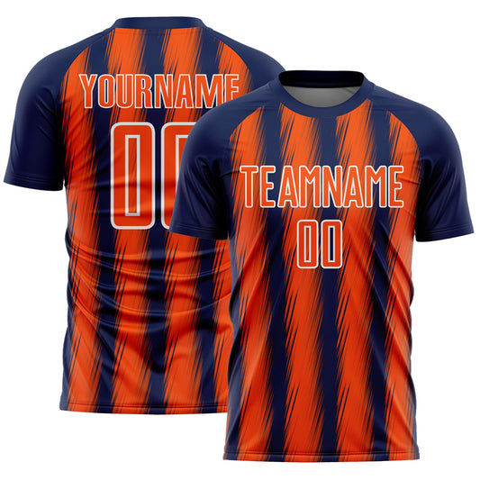 Custom Navy Orange-White Vertical Brush Stroke Stripes Sublimation Soccer Uniform Jersey - Main View