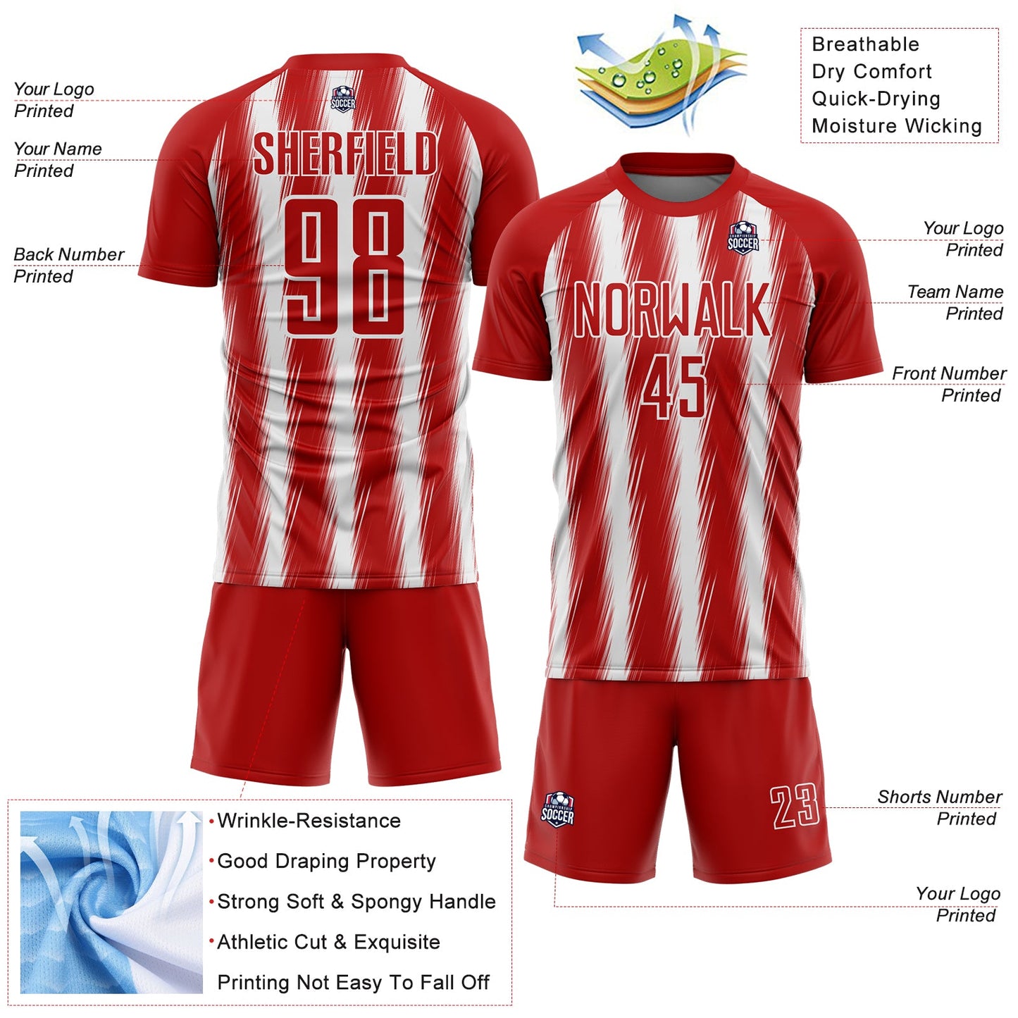 Custom Red White Vertical Brush Stroke Stripes Sublimation Soccer Uniform Jersey view 4