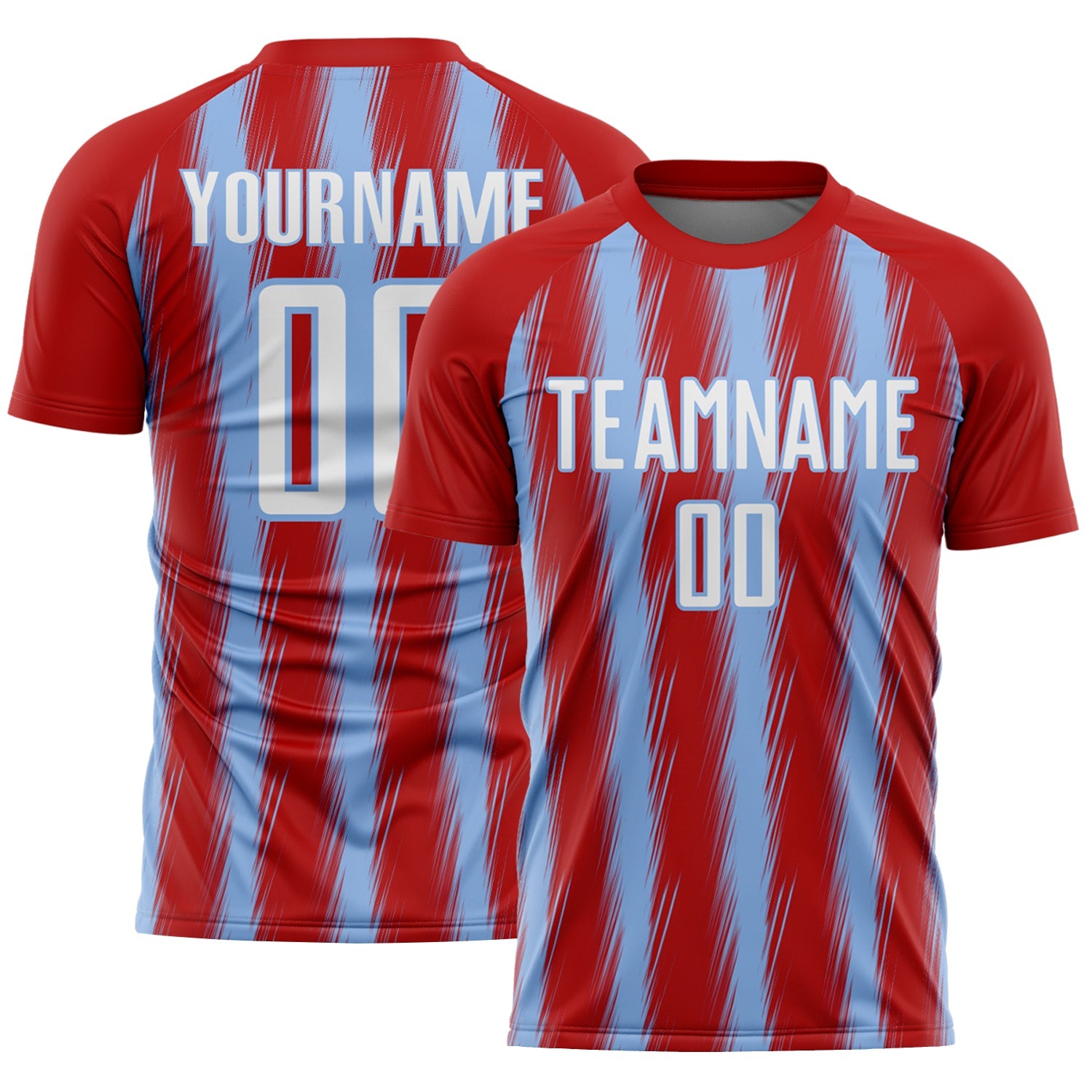 Custom Red White-Light Blue Vertical Brush Stroke Stripes Sublimation Soccer Uniform Jersey - Main View